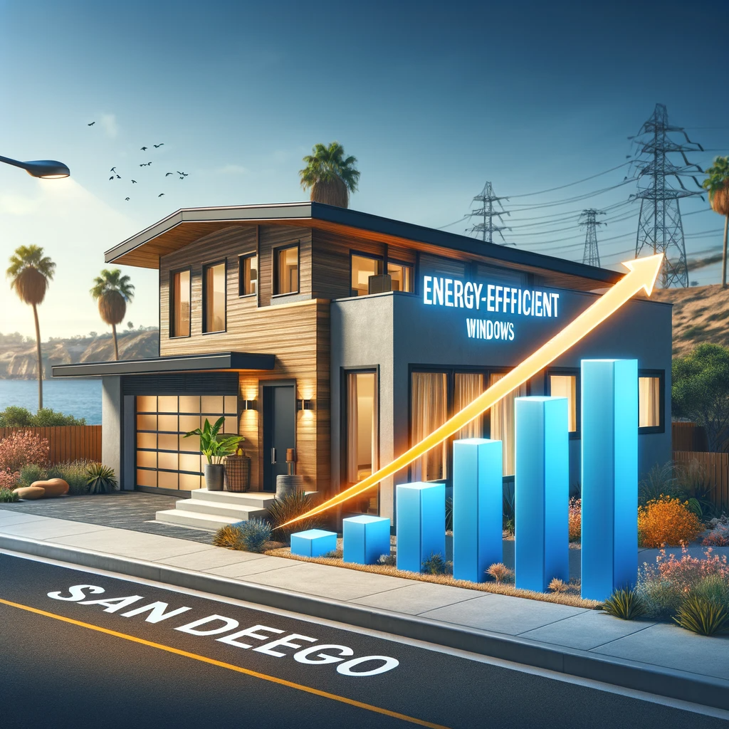 Modern San Diego home with energy-efficient windows next to a graph showing decreasing energy bills.