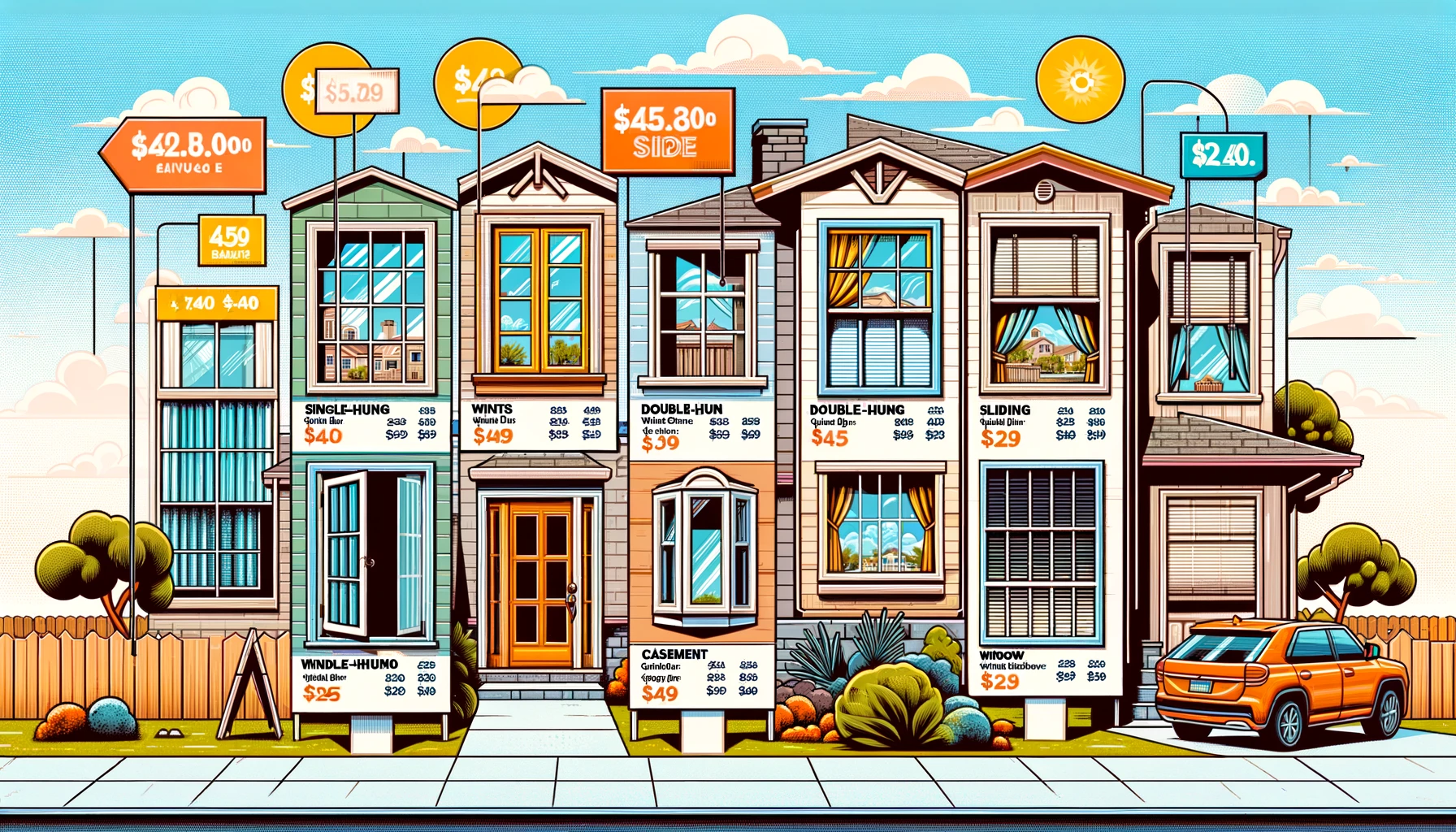 An infographic depicting various window styles and their costs in San Diego, set against a backdrop of local homes and palm trees.