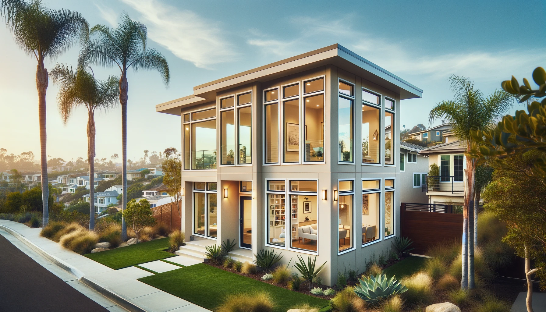 Modern San Diego home with affordable, large vinyl windows, surrounded by lush greenery under a clear blue sky.