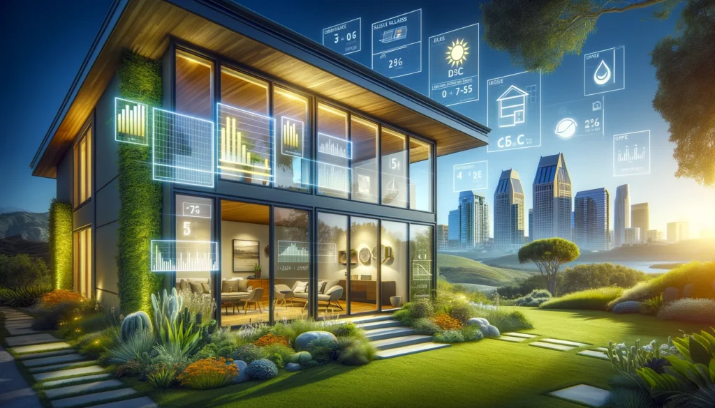 Modern house in San Diego with energy-efficient windows, surrounded by a lush garden and with the San Diego skyline in the background.