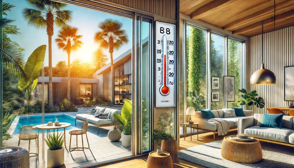 "Modern San Diego home with energy-efficient windows showing indoor comfort compared to hot outdoor temperatures."